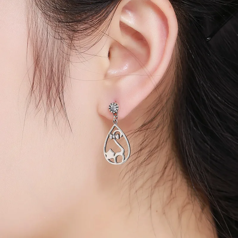 (image for) Pandora Style Silver Miss Kitty Hanging Earrings - SCE365 - View 5