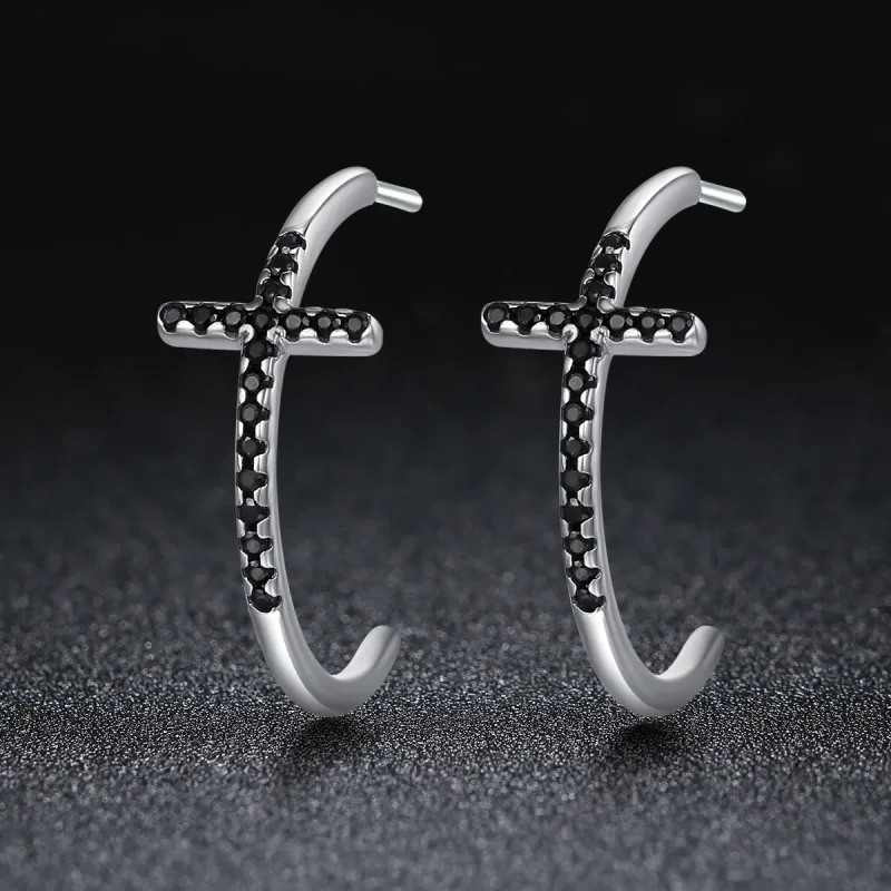 (image for) Pandora Style Silver Modern Cross Hanging Earrings - SCE262 - View 2