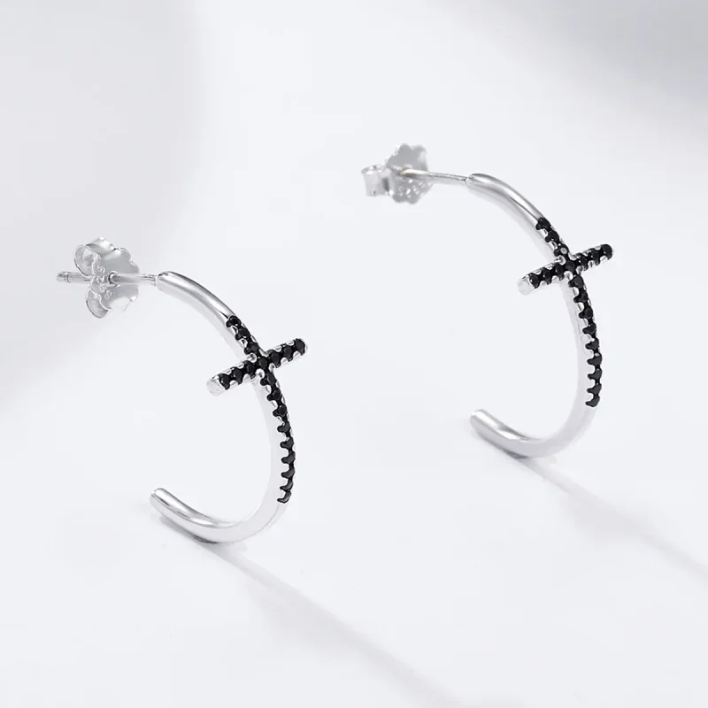 (image for) Pandora Style Silver Modern Cross Hanging Earrings - SCE262 - View 3