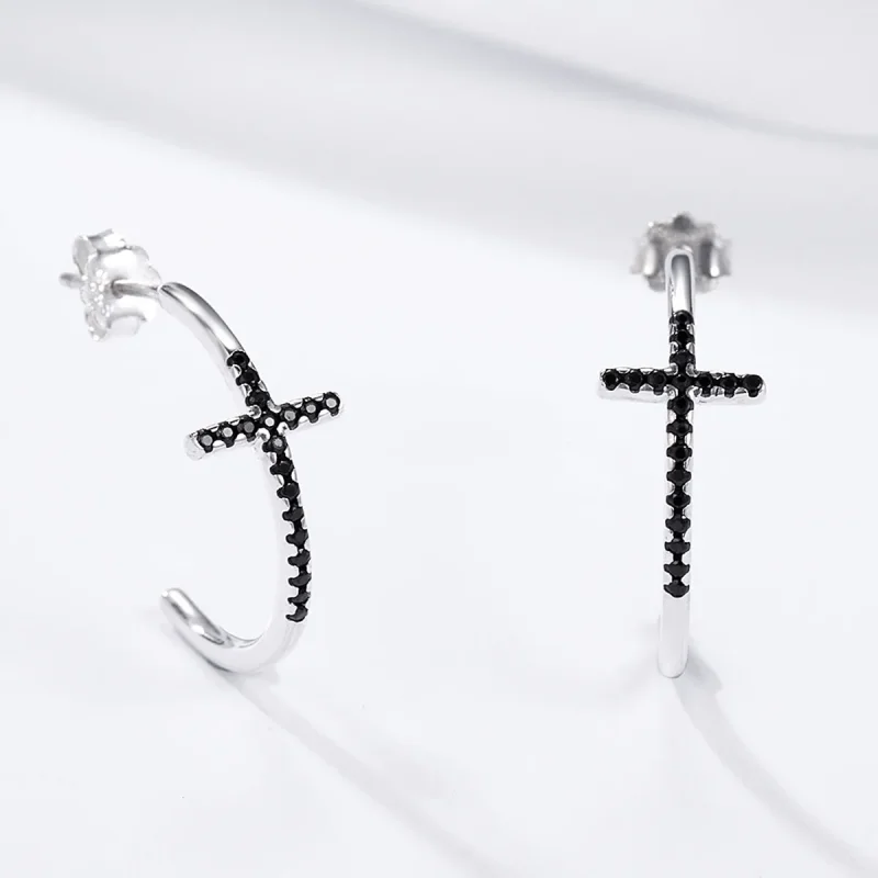 (image for) Pandora Style Silver Modern Cross Hanging Earrings - SCE262 - View 5