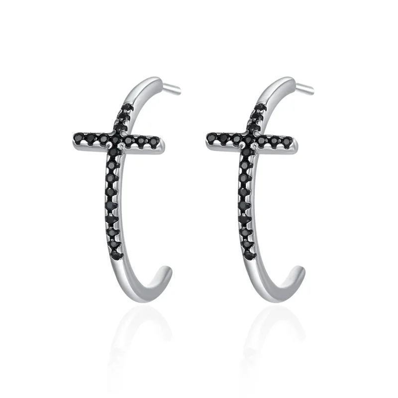 (image for) Pandora Style Silver Modern Cross Hanging Earrings - SCE262