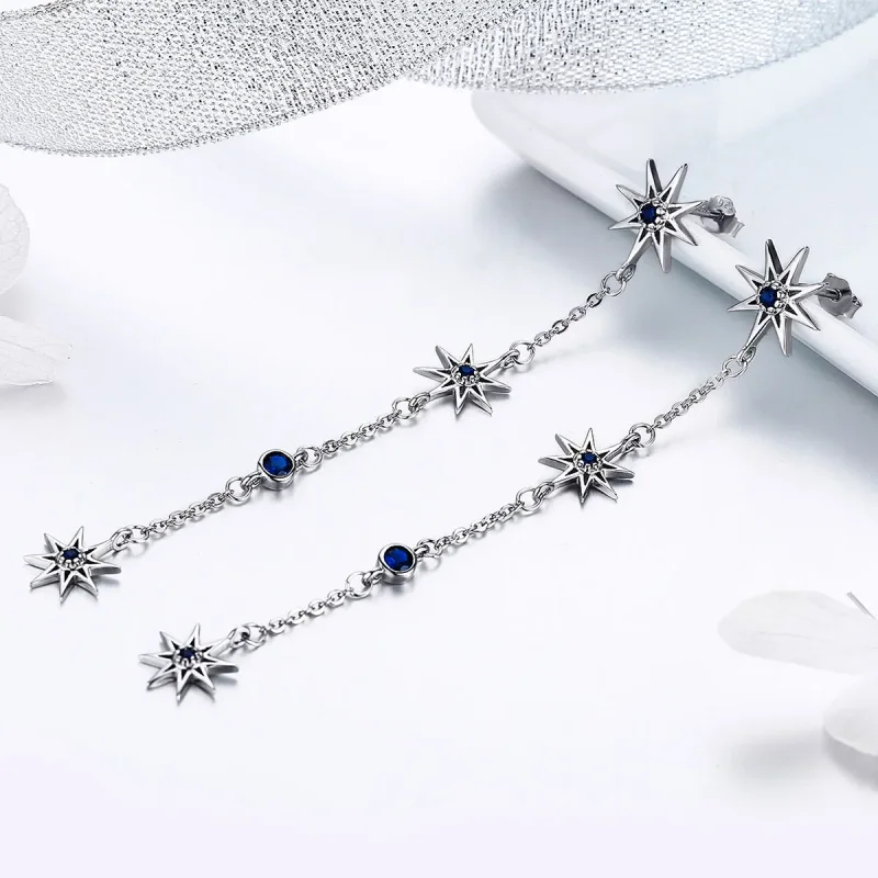 (image for) Pandora Style Silver Octagonal Star Dangle Earrings - BSE060 - View 3