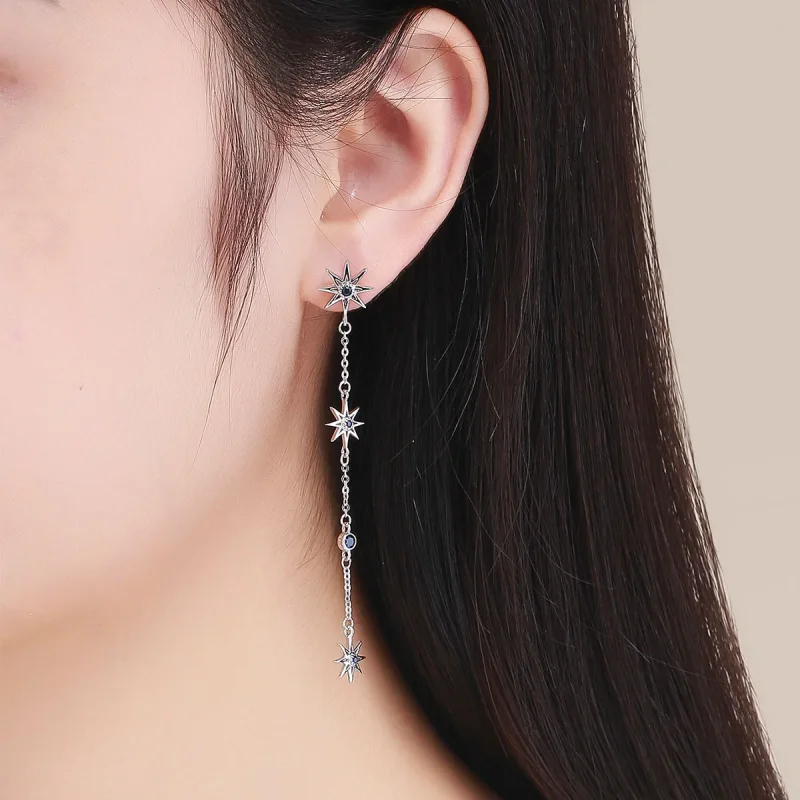 (image for) Pandora Style Silver Octagonal Star Dangle Earrings - BSE060 - View 5