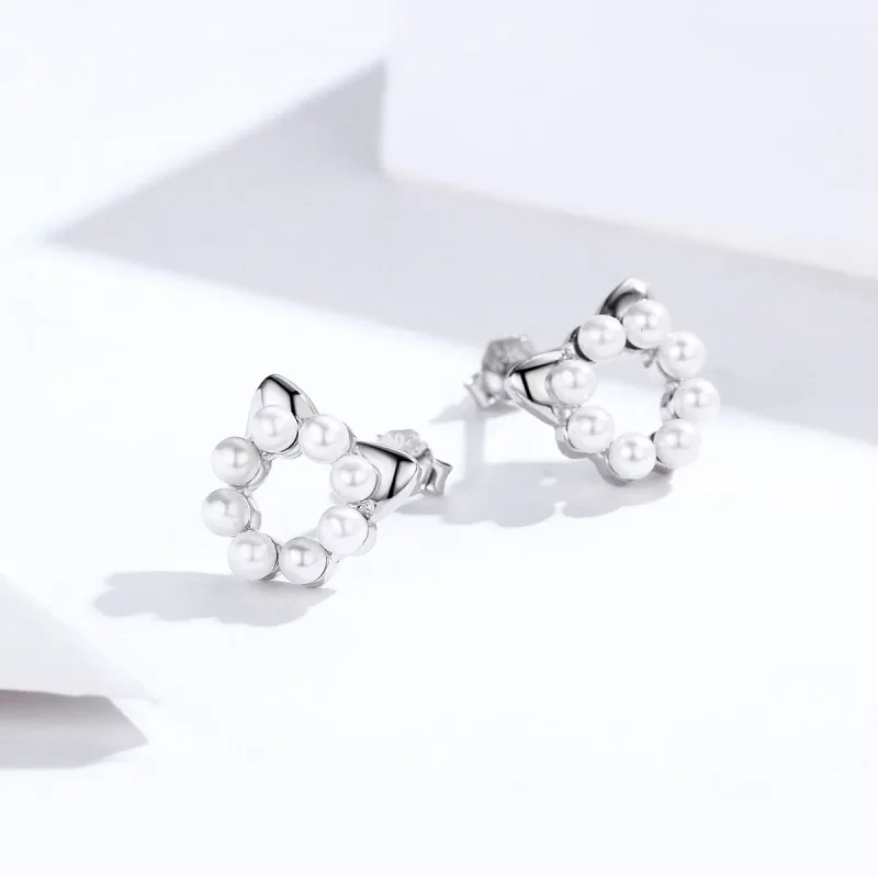 (image for) Pandora Style Silver Pearl Cat Stud Earrings - SCE688 - View 3