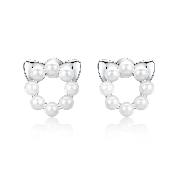 (image for) Pandora Style Silver Pearl Cat Stud Earrings - SCE688