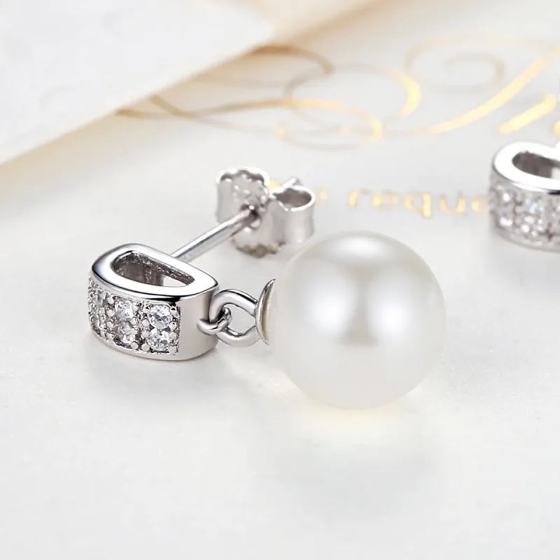 (image for) Pandora Style Silver Pearl Hanging Earrings - SCE006 - View 3