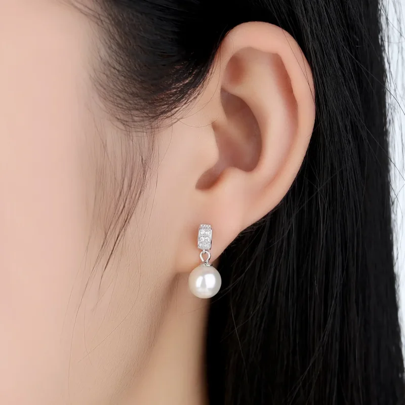 (image for) Pandora Style Silver Pearl Hanging Earrings - SCE006 - View 4