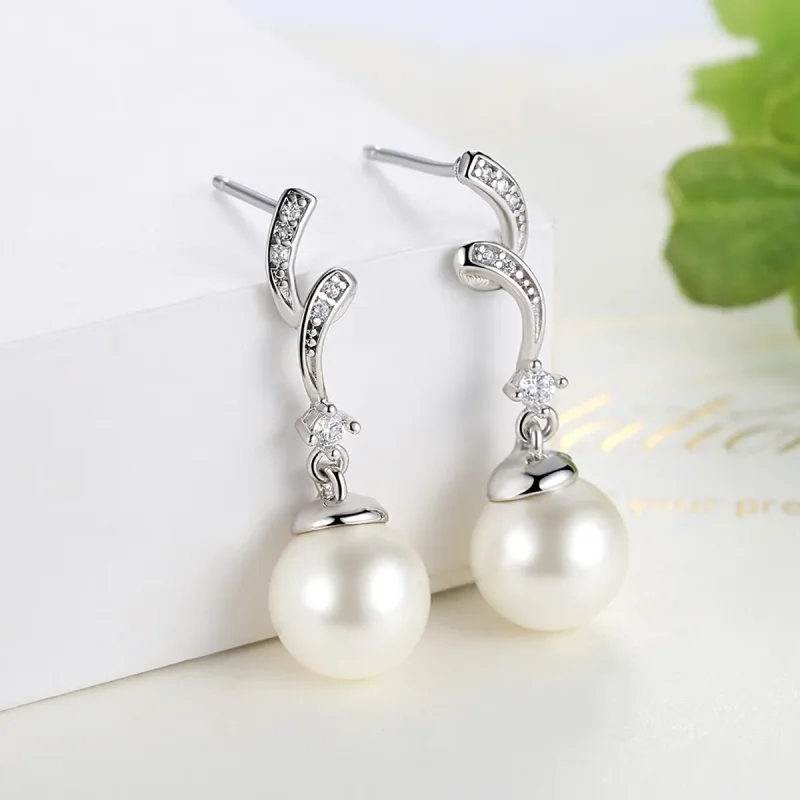 (image for) Pandora Style Silver Pearl Hanging Earrings - SCE035 - View 5