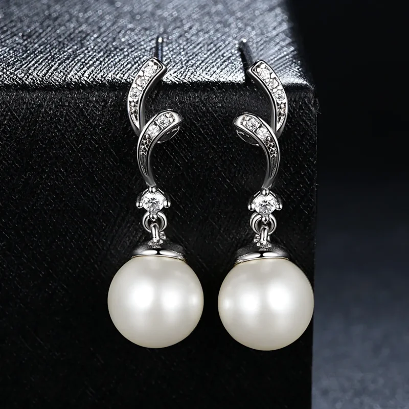 (image for) Pandora Style Silver Pearl Hanging Earrings - SCE035 - View 6