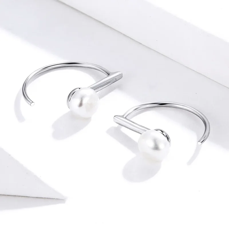 (image for) Pandora Style Silver Pearl Hanging Earrings - SCE604-A - View 2
