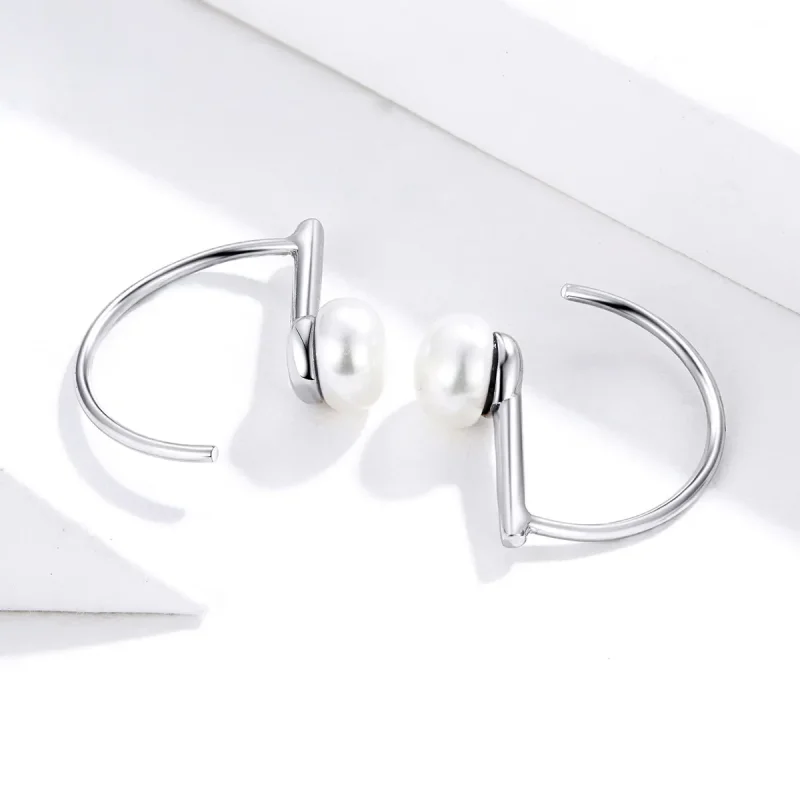 (image for) Pandora Style Silver Pearl Hanging Earrings - SCE604-A - View 3