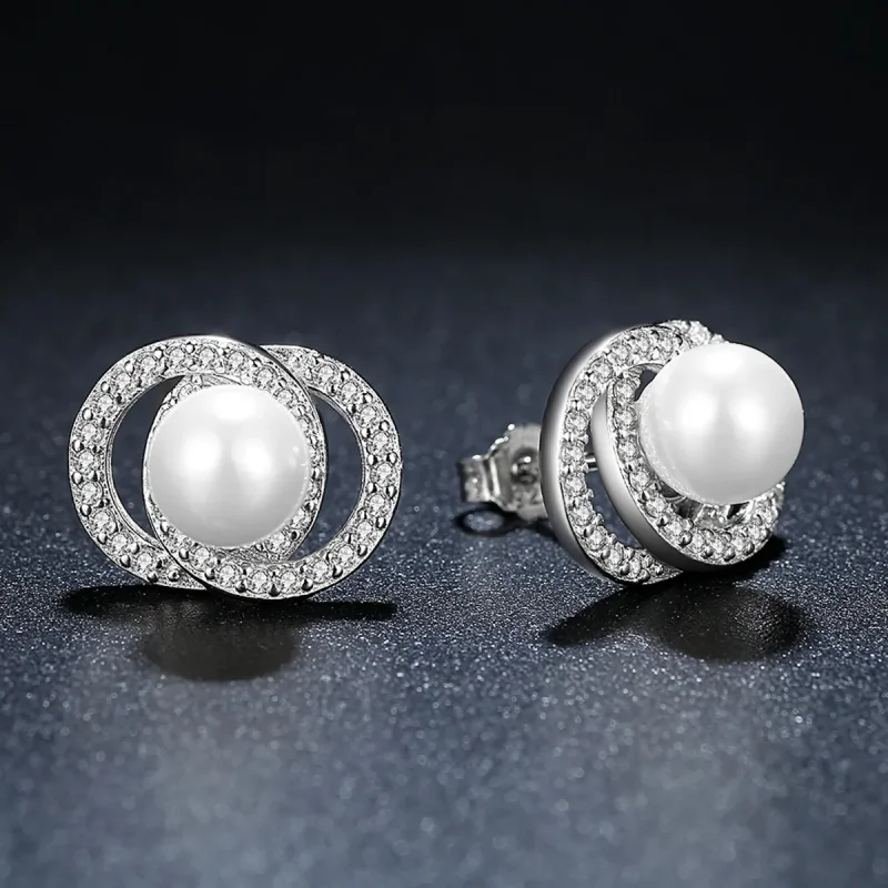 (image for) Pandora Style Silver Pearl Stud Earrings - SCE020 - View 4