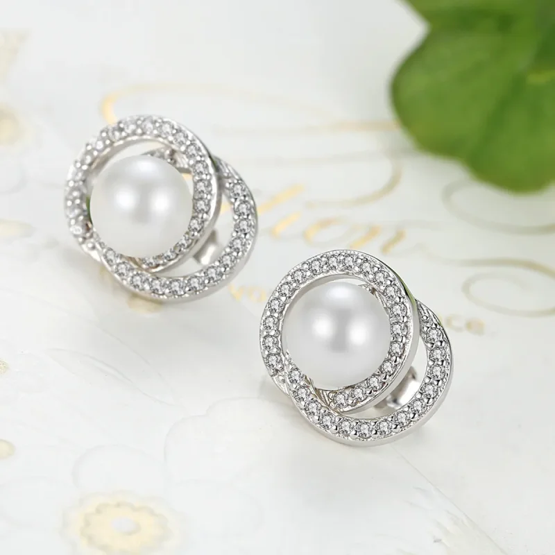 (image for) Pandora Style Silver Pearl Stud Earrings - SCE020 - View 5