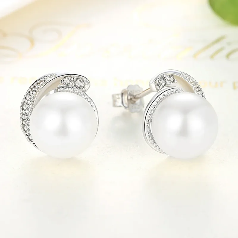 (image for) Pandora Style Silver Pearl Stud Earrings - SCE021 - View 3