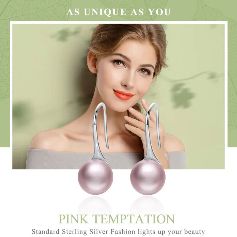 (image for) Pandora Style Silver Pink Pearl Hanging Earrings - SCE145 - View 2