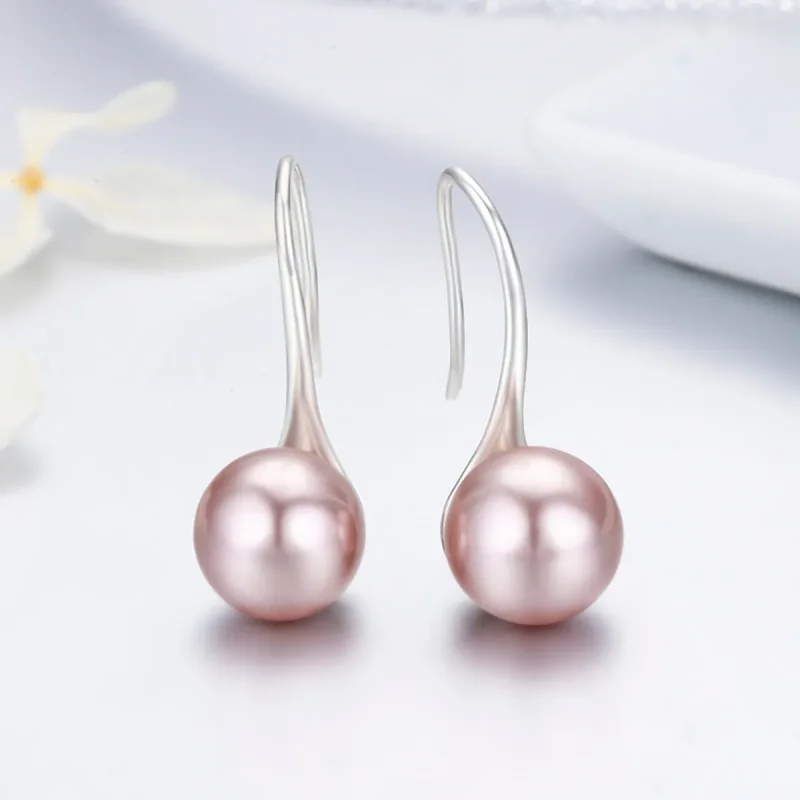 (image for) Pandora Style Silver Pink Pearl Hanging Earrings - SCE145 - View 4