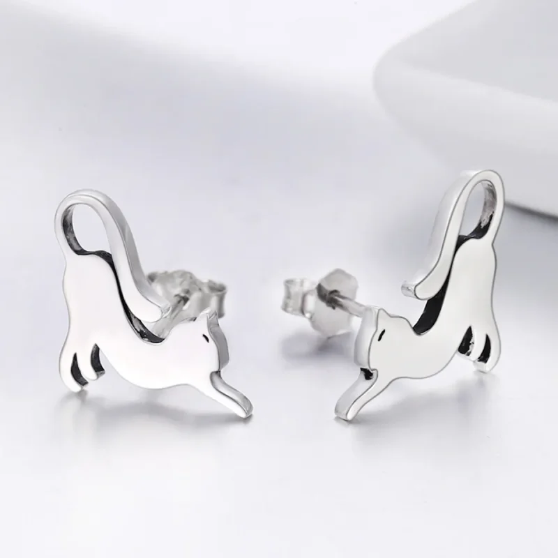 (image for) Pandora Style Silver Playing Kitty Stud Earrings - SCE366 - View 2