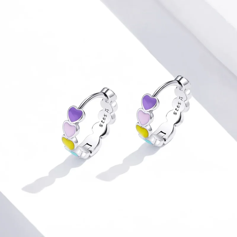 (image for) Pandora Style Silver Rainbow Hearts Hoop Earrings - SCE909 - View 2