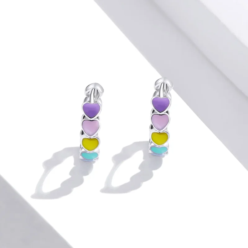 (image for) Pandora Style Silver Rainbow Hearts Hoop Earrings - SCE909 - View 4