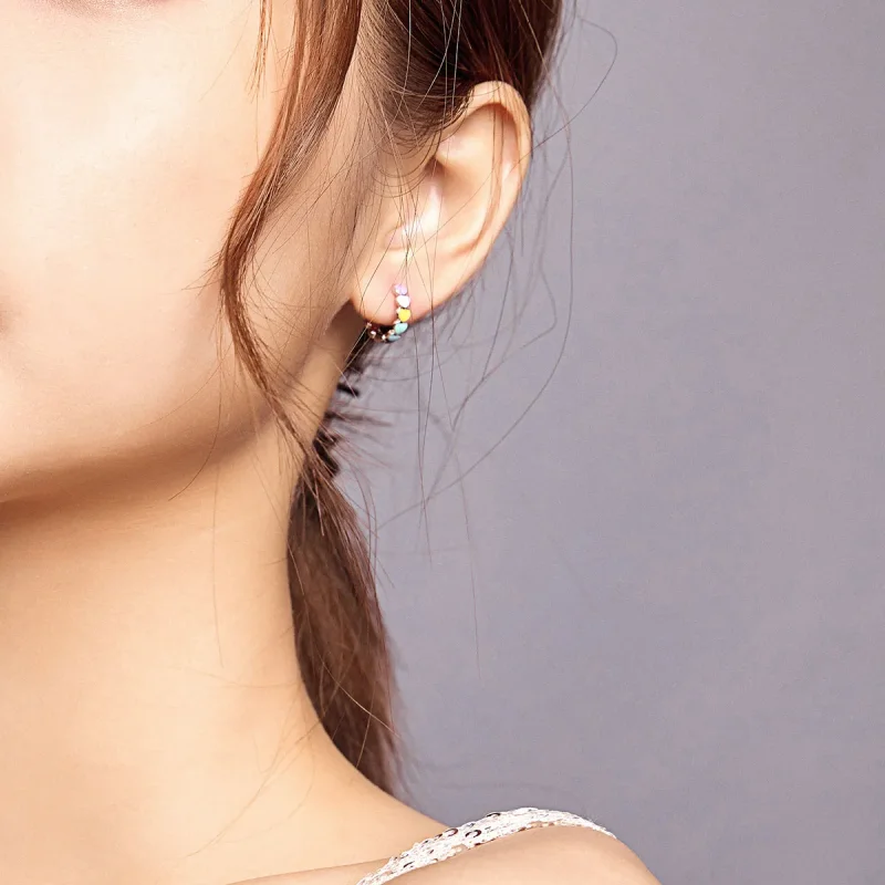 (image for) Pandora Style Silver Rainbow Hearts Hoop Earrings - SCE909 - View 7