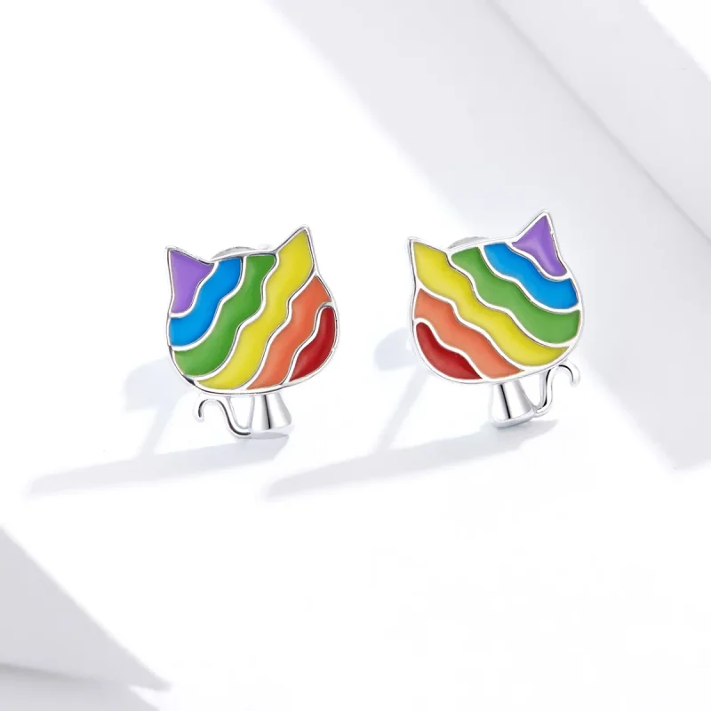 (image for) Pandora Style Silver Rainbow Kitty Stud Earrings - SCE823 - View 2