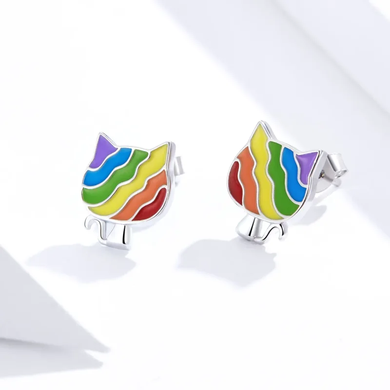 (image for) Pandora Style Silver Rainbow Kitty Stud Earrings - SCE823 - View 3