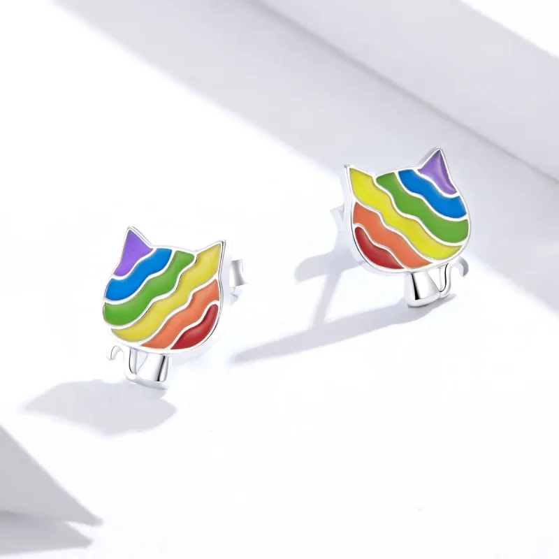 (image for) Pandora Style Silver Rainbow Kitty Stud Earrings - SCE823 - View 4