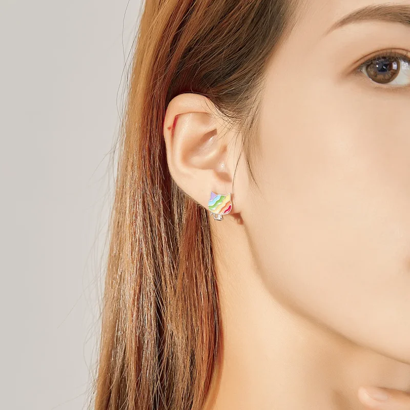 (image for) Pandora Style Silver Rainbow Kitty Stud Earrings - SCE823 - View 7