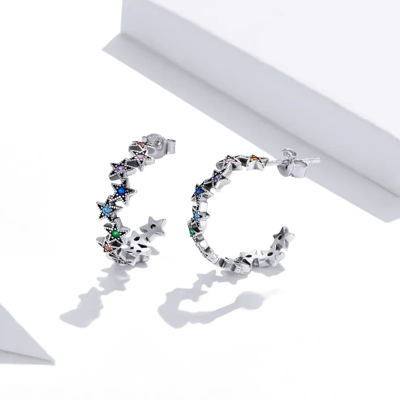 (image for) Pandora Style Silver Rainbow Stars Stud Earrings - SCE1082 - View 2