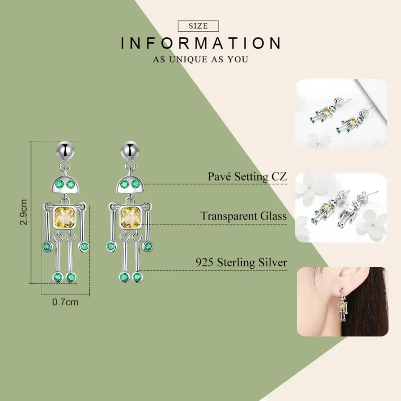 (image for) Pandora Style Silver Robot Hanging Earrings - SCE491 - View 3
