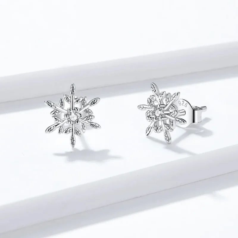(image for) Pandora Style Silver Romantic Snowflakes Stud Earrings - BSE424 - View 3