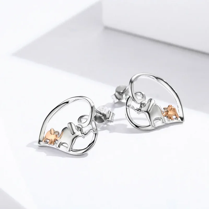 (image for) Pandora Style Silver & Rose Gold Elephant Heart Shaped Stud Earrings - SCE683 - View 2