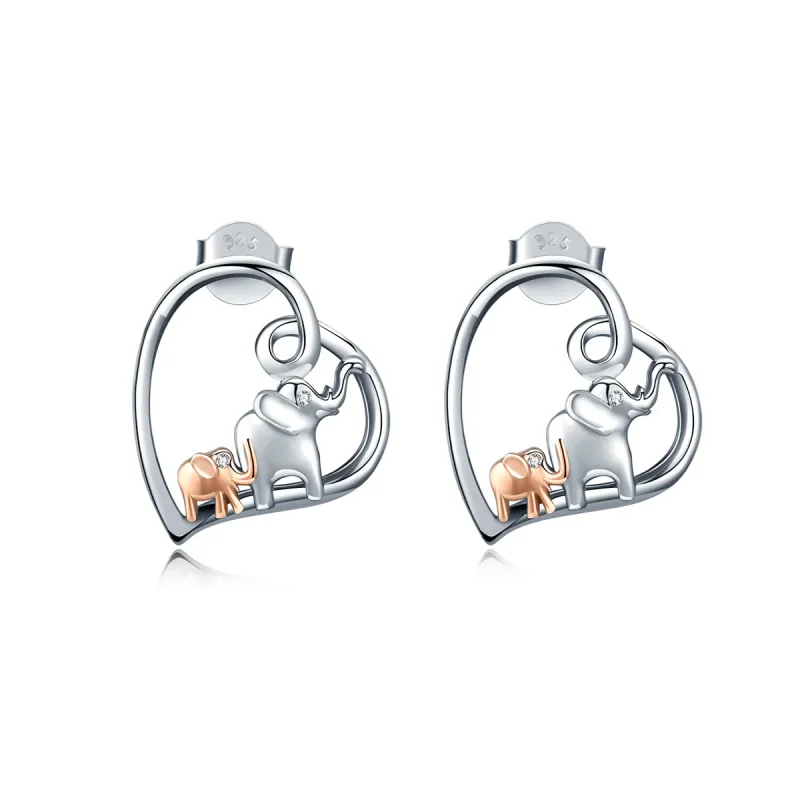 (image for) Pandora Style Silver & Rose Gold Elephant Heart Shaped Stud Earrings - SCE683