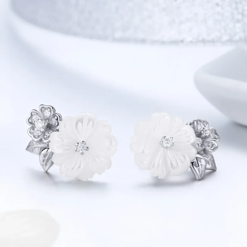 (image for) Pandora Style Silver Shell Flower Stud Earrings - BSE008 - View 2