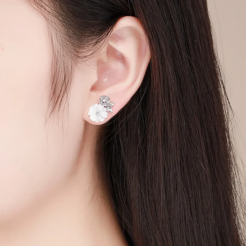 (image for) Pandora Style Silver Shell Flower Stud Earrings - BSE008 - View 5