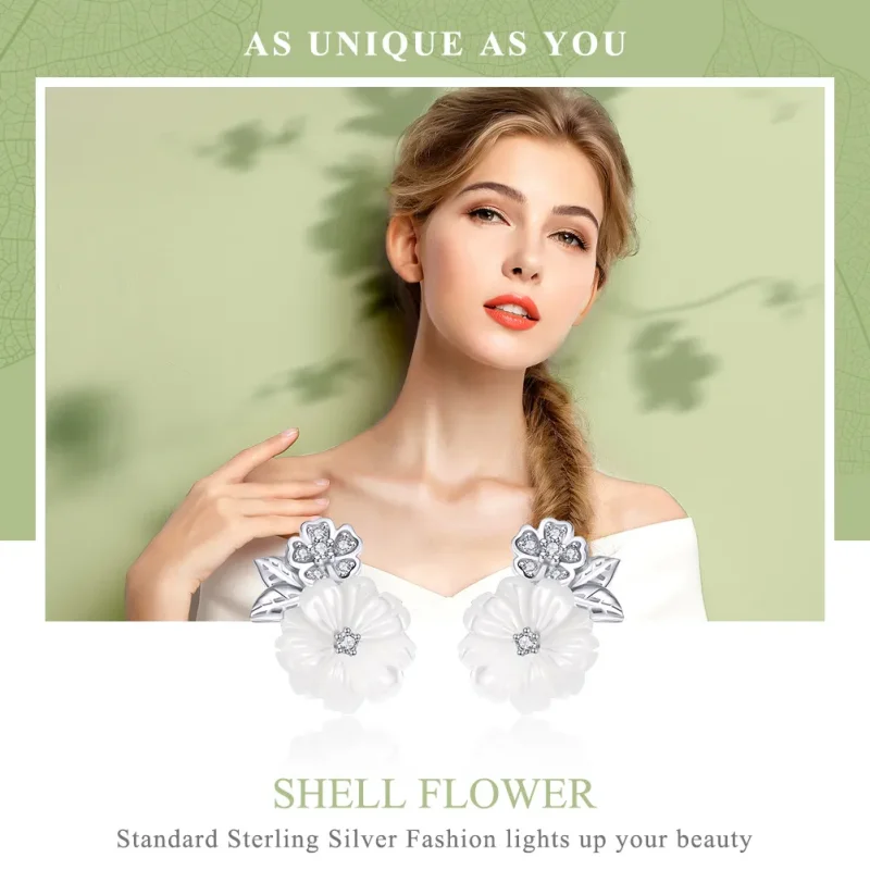 (image for) Pandora Style Silver Shell Flower Stud Earrings - BSE008 - View 6