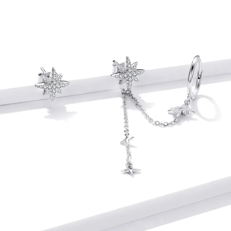 (image for) Pandora Style Silver Shining Stars Dangle Earrings - BSE433 - View 2