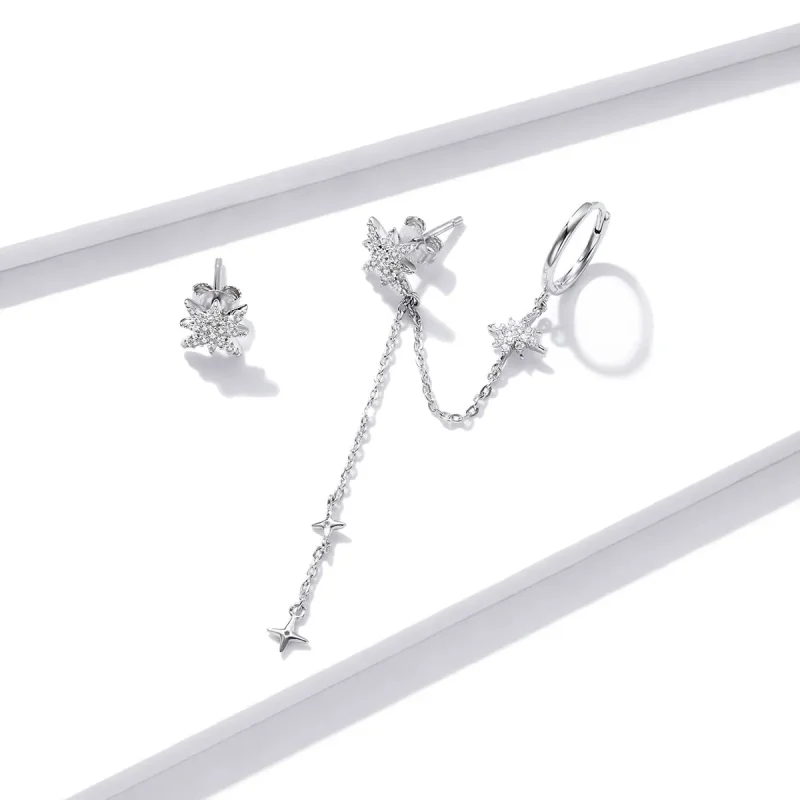 (image for) Pandora Style Silver Shining Stars Dangle Earrings - BSE433 - View 3