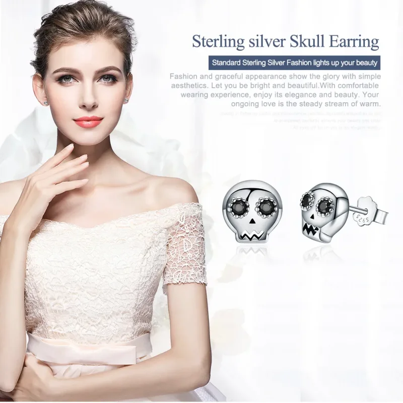 (image for) Pandora Style Silver Skull Stud Earrings - SCE064 - View 2