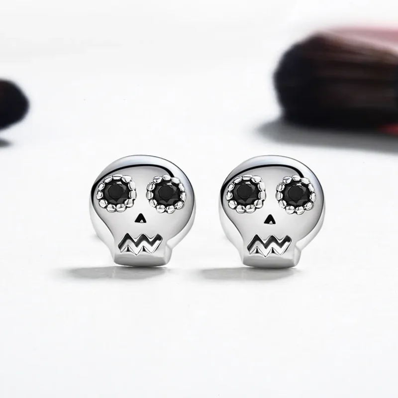 (image for) Pandora Style Silver Skull Stud Earrings - SCE064 - View 3