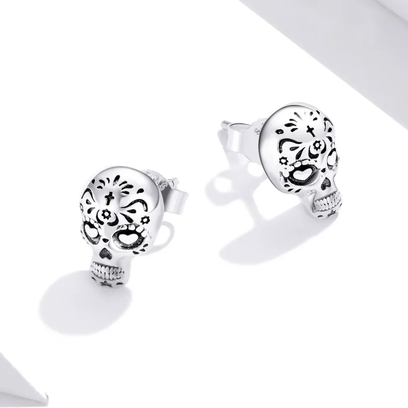 (image for) Pandora Style Silver Skull Stud Earrings - SCE953 - View 4