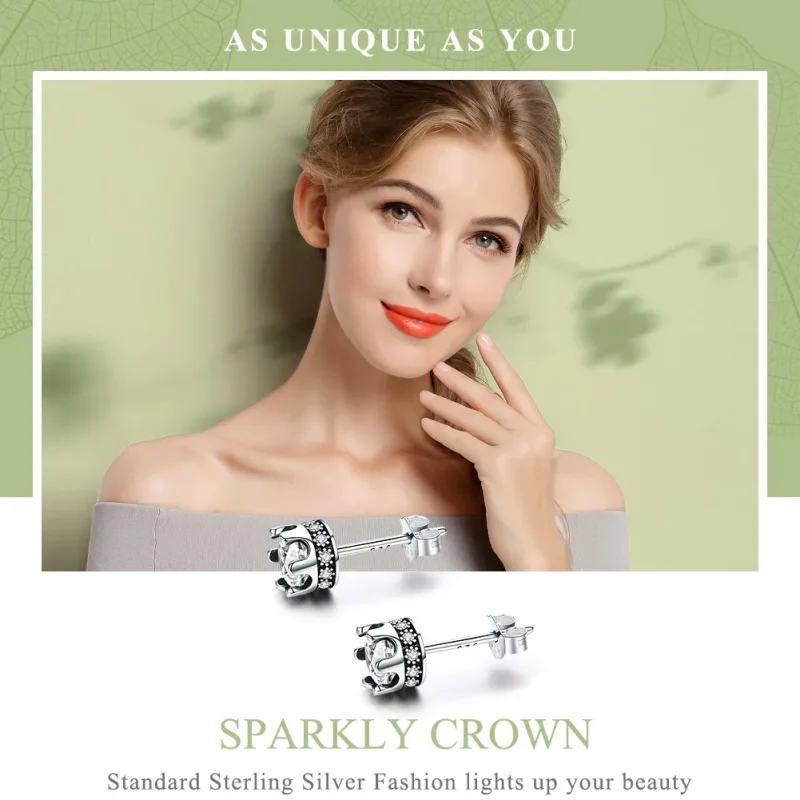 (image for) Pandora Style Silver Sparkly Crown Stud Earrings - SCE311 - View 2