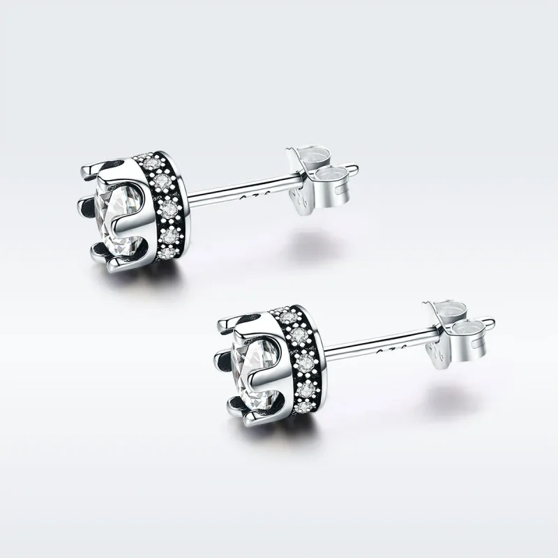 (image for) Pandora Style Silver Sparkly Crown Stud Earrings - SCE311 - View 3