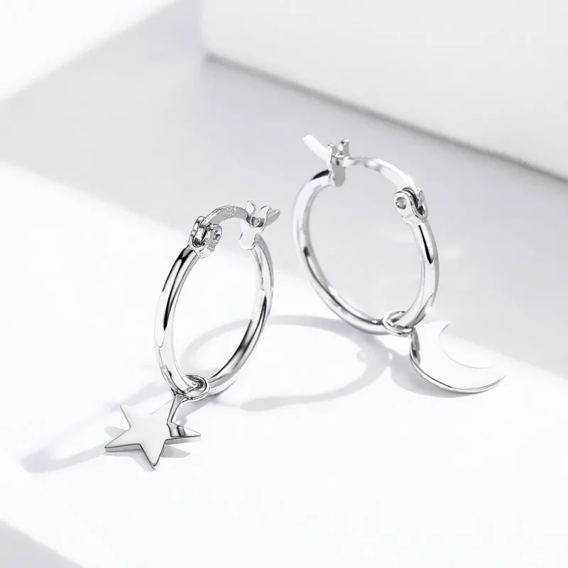 (image for) Pandora Style Silver Star and Moon Asymmetry Hanging Earrings - SCE681 - View 2