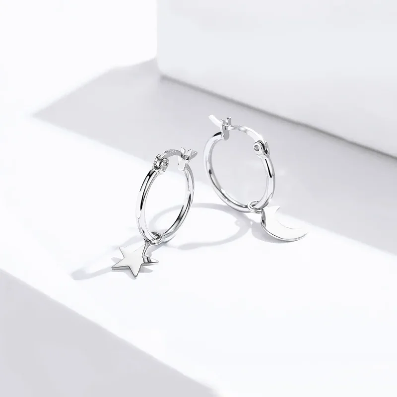 (image for) Pandora Style Silver Star and Moon Asymmetry Hanging Earrings - SCE681 - View 3