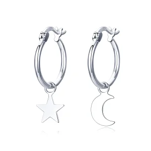 (image for) Pandora Style Silver Star and Moon Asymmetry Hanging Earrings - SCE681
