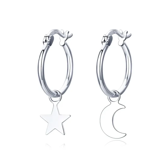 (image for) Pandora Style Silver Star and Moon Asymmetry Hanging Earrings - SCE681