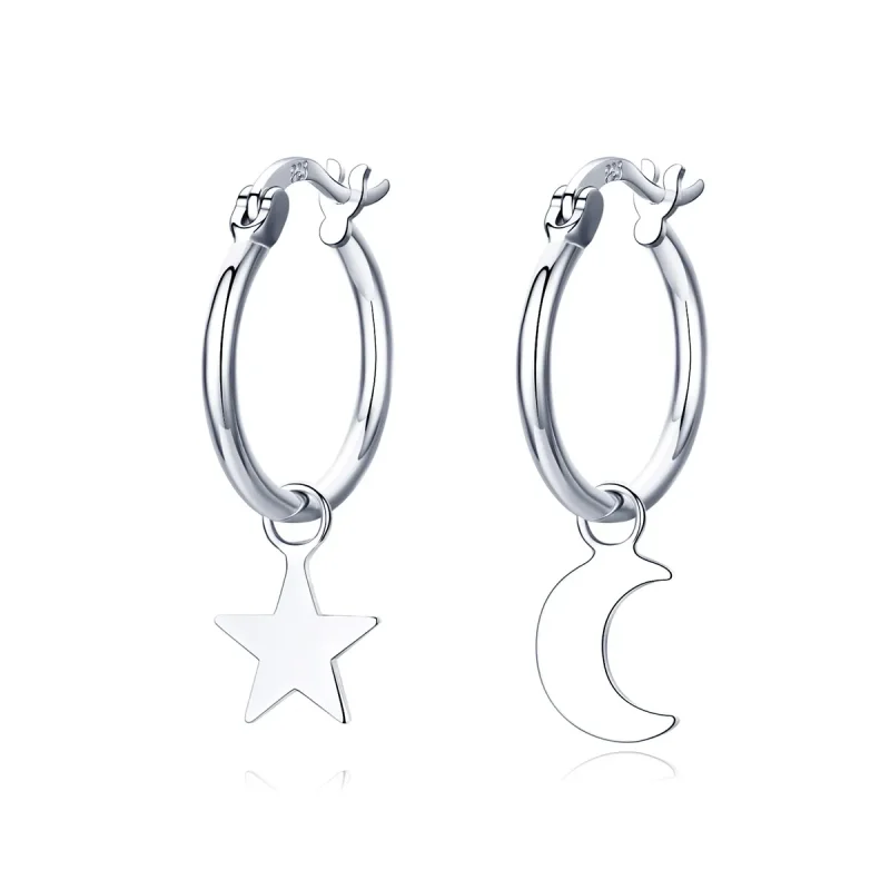 (image for) Pandora Style Silver Star and Moon Asymmetry Hanging Earrings - SCE681