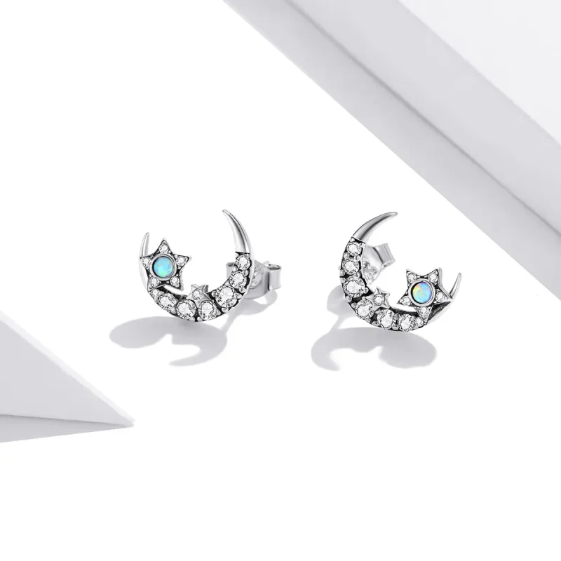 (image for) Pandora Style Silver Star And Moon Stud Earrings - SCE1157 - View 2