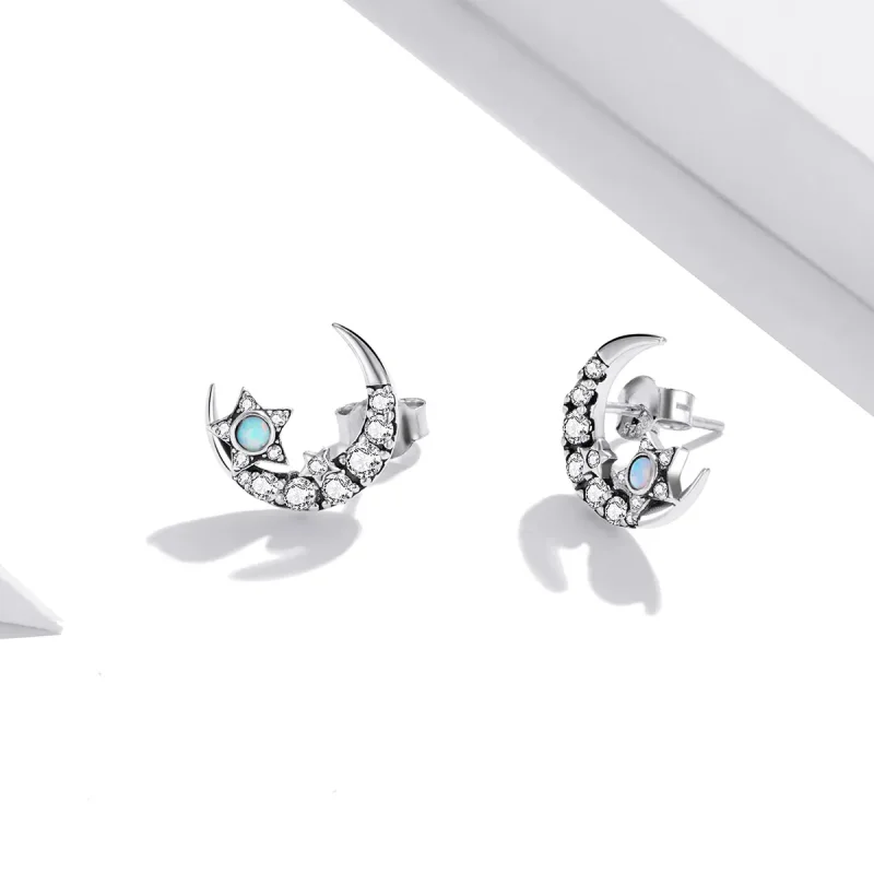 (image for) Pandora Style Silver Star And Moon Stud Earrings - SCE1157 - View 3